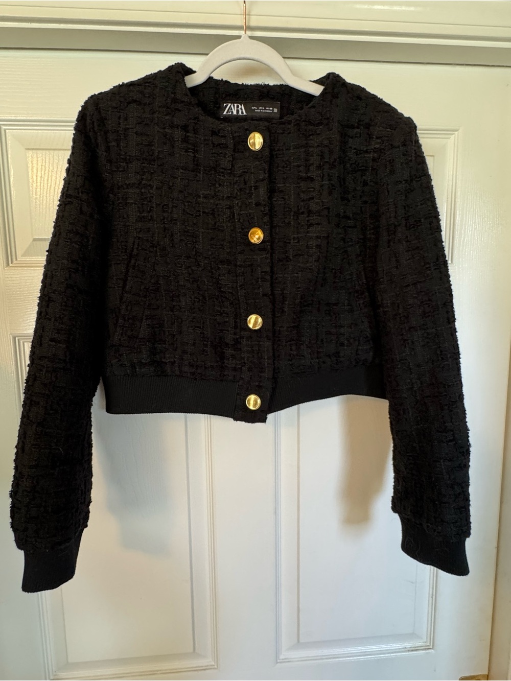 Zara Black Textured Cropped Jacket Gold Button Size Large